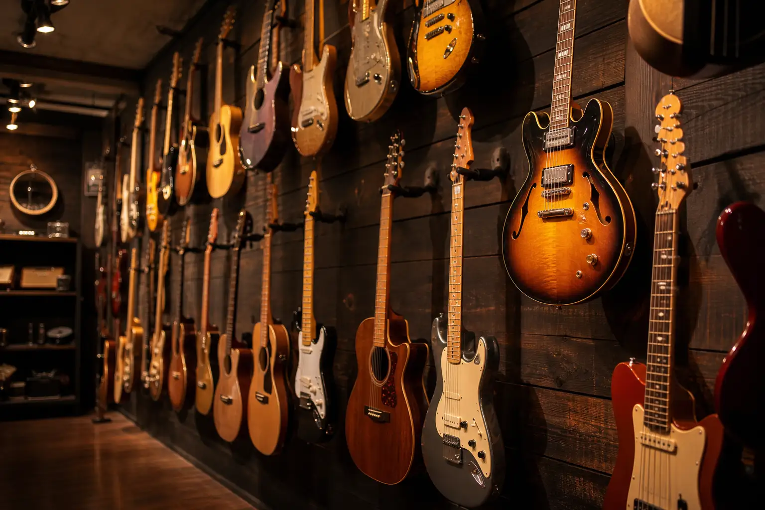 Mur de guitares dans un magasin